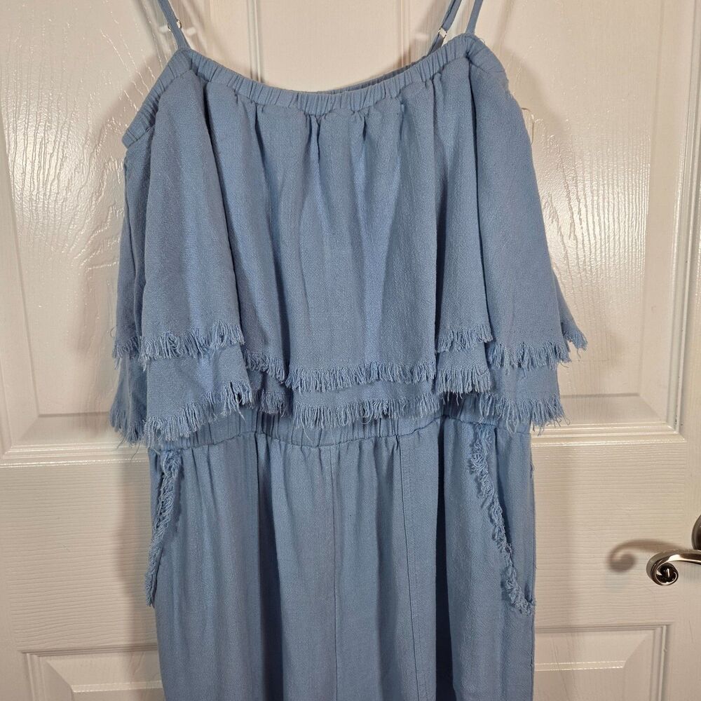 Umgee Womens MEDIUM Dusty Blue Frayed Edge Wide Leg Jumpsuit - Picture 2 of 8